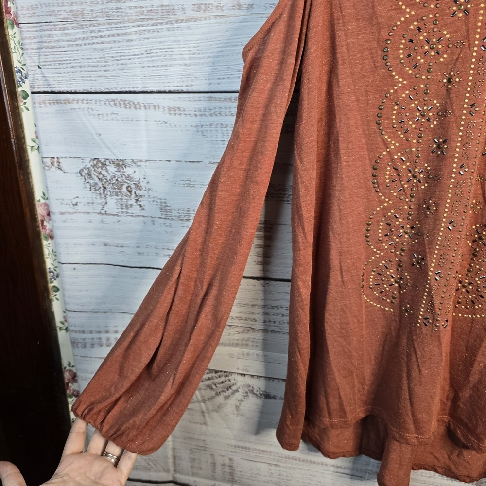 Knox Rose Womens Tunic Top Medium‎ Rust Brown Western Beaded Metallic Gold 16788 - Picture 5 of 6